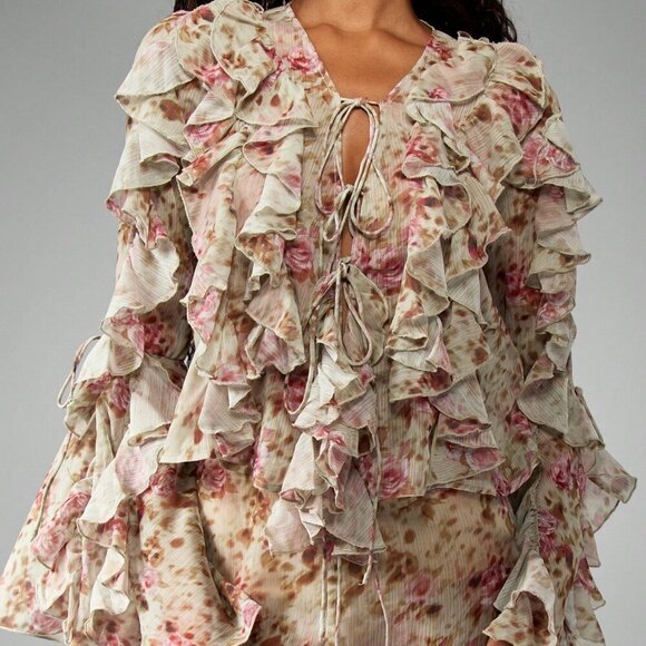 Multicolor Boho Women's Floral Ruffled Chiffon Long Sleeve Tie Front blouse - Picture 6 of 6